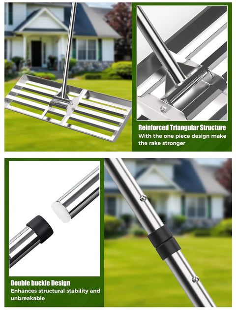 Heavy Duty Lawn Leveling Rake With 30 By 10 Inch Stainless Steel Head And Adjustable 78 Inch Handle, anti-fracture connectors