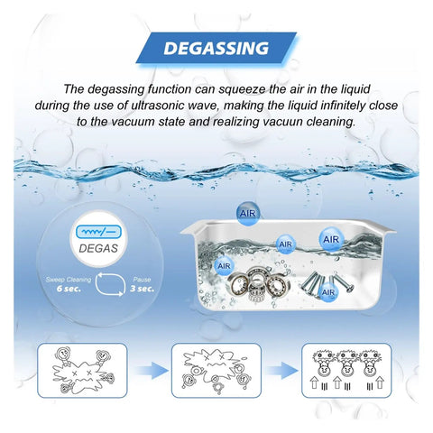 Digital Ultrasonic Cleaner 3 Liter Tank With Heating And Timer Features Smart Degassing showing water and metal parts.