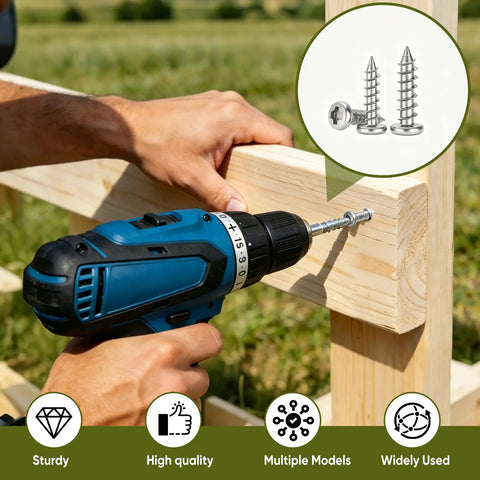 Person using a drill to insert silver screws into wood, showcasing 750 Piece Tiny Screws For Plastic And Metal M1.7 To M3 Kit.