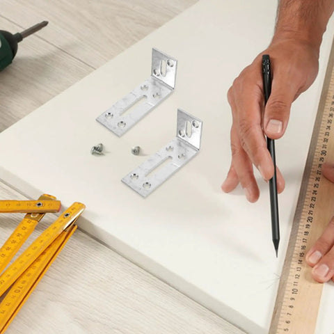 Six Pack Stainless Steel L Shaped Shelf Brackets With Slotted Holes adjustable corner braces on a table with measuring tools