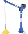 Workhorse 115 Volt Power Lift Jib Crane Built Tough Lets You Move Two Thousand Pounds With No Sweat with blue frame and yellow load.