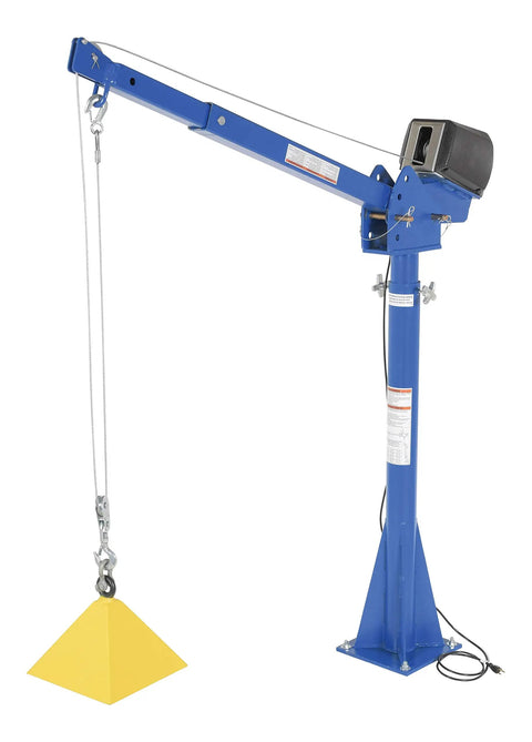 Workhorse 115 Volt Power Lift Jib Crane Built Tough Lets You Move Two Thousand Pounds With No Sweat with blue frame and yellow load.