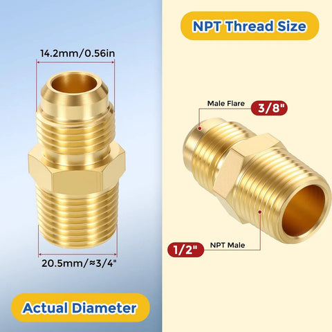 Brass Pipe Fittings Kit For Air Oil And LP Propane Systems DIY Friendly One Half Inch Male Flare To Three Eighths Inch Male NPT Adapter