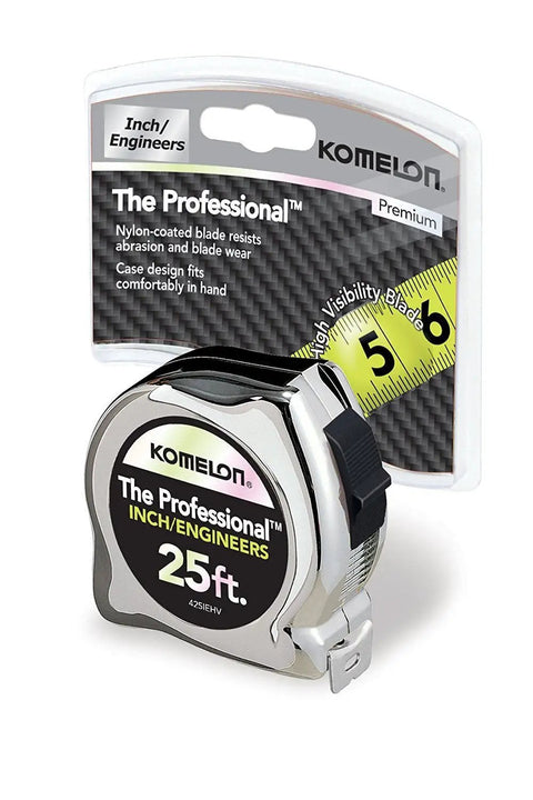 Pro Grade Chrome Tape Measure 25 Foot By 1 Inch With Nylon Coated High Visibility Blade Locking Slide Engineer Inch Scale