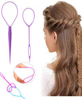 Topsy Tail Hair Tool Set 6 Piece Loop Styling Tools For Ponytails Pull Through Hair Ties Two Sizes And Three Colors Pink Purple Blue Easy Updos For Women Girls And Kids purple plastic loop tools for braid styling