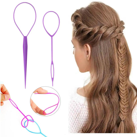 Topsy Tail Hair Tool Set 6 Piece Loop Styling Tools For Ponytails Pull Through Hair Ties Two Sizes And Three Colors Pink Purple Blue Easy Updos For Women Girls And Kids purple plastic loop tools for braid styling