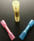 Heat shrink butt connectors (pink, blue, yellow) for waterproof electrical wire splices; three shown