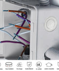 Heavy Duty Beefy Half Inch Knockout Seals For Electrical Boxes Snap In Place Steel Wire Mesh Rings Lock Secure Against Moisture And Rust Tough As Nails Twelve Pack with wires inside an electrical box.
