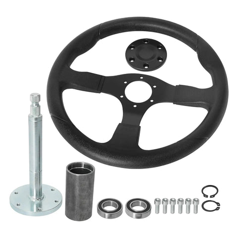 350mm 13.8 Inch Go Kart Steering Wheel Kit With Holder And 6904RS Bearings, Universal Fit, shown in black metal.