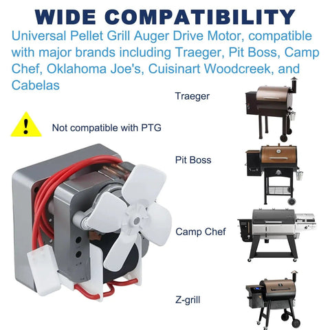Image of a 2 RPM Auger Motor Replacement for Wood Pellet Grills 120V 60Hz 2 Pole Heavy Duty BBQ Motor displayed with grill compatibility