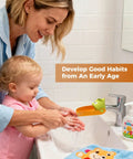 Handy Dandy Silicone Faucet Extender For Toddlers Smooth Sink Reach Helper assisting child washing hands at sink.