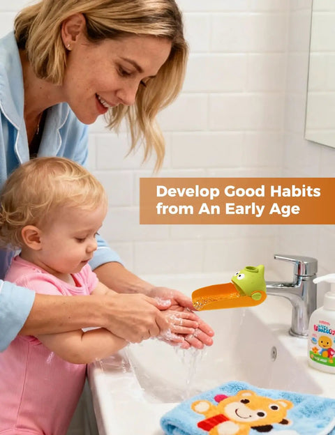 Handy Dandy Silicone Faucet Extender For Toddlers Smooth Sink Reach Helper assisting child washing hands at sink.