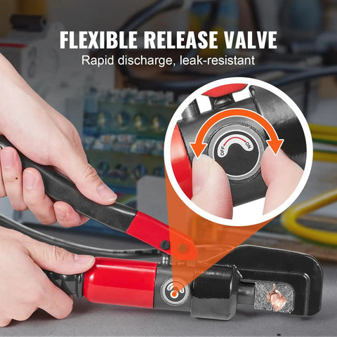 Heavy-Duty Hydraulic Crimping Tool Kit for AWG 12 to 2/0 Copper and Aluminum Terminals shown with flexible release valve