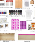 All Ages Soap Making Kit With Melt And Pour Bases Shea Butter And Clear Bases Essential Oils And Fragrances Silicone Molds Cutting Box And Giftable Box For Easy DIY Crafting Fun; showing soap bases, essential oils, molds, cutters, and dye liquids.