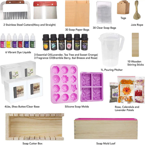 All Ages Soap Making Kit With Melt And Pour Bases Shea Butter And Clear Bases Essential Oils And Fragrances Silicone Molds Cutting Box And Giftable Box For Easy DIY Crafting Fun; showing soap bases, essential oils, molds, cutters, and dye liquids.