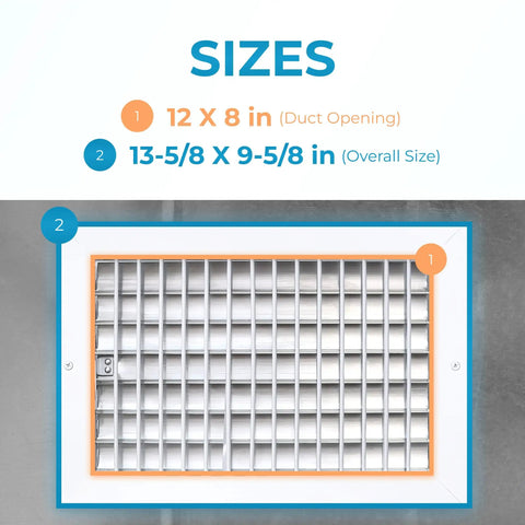 Premium 12 By 8 Inch Wall AC Vent Cover With Rustproof Aluminum Build Multi Shutter Damper, size dimensions displayed