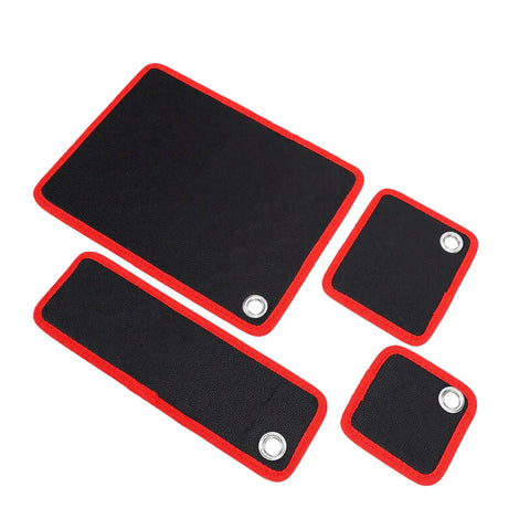 Magnetic Tool Mat 4 Pack Flexible Holds Tools Tight With 40Lb Magnetic Power Keeps Screwdrivers, Wrenches, Bolts Secure On Tilt Or Vibration, Ultimate Workbench Organizer For Garage And Shop, four black red-edged mats with grommets