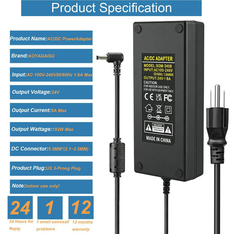 24V 8A DC Power Supply Adapter Kit With 192W Output, 100-240V AC Input, detailed product specifications and adapter image
