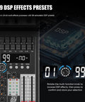 Close-up of DSP panel on the Four Channel Audio Mixer With Dual Microphones, Pro 99DSP Sound Console For DJs, showing 99 presets.