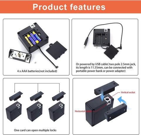 Product features of the Smart NFC RFID Cabinet Lock For Double Doors And Drawers Hidden DIY Lock with USB and battery options.
