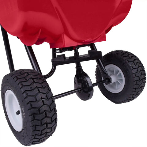 Commercial Walk-Behind Broadcast Spreader With 65 Lb Capacity For Grass Fertilizer And Seeds, pneumatic tires close-up view