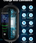 Portable Level 1 And 2 EV Charger With 25 Ft J1772 Cable And Dual NEMA Adapters For Home Electric Vehicles Featuring Smart LCD Display showing safety features.