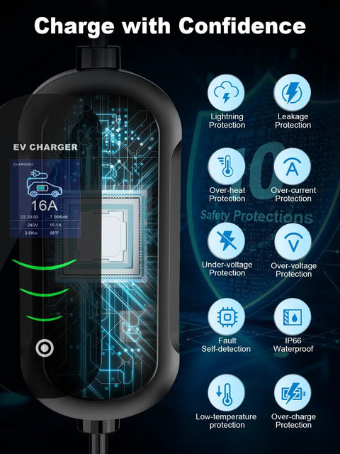 Portable Level 1 And 2 EV Charger With 25 Ft J1772 Cable And Dual NEMA Adapters For Home Electric Vehicles Featuring Smart LCD Display showing safety features.
