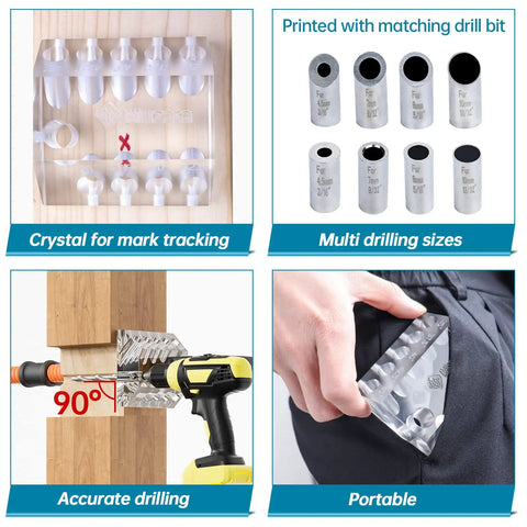 Upgraded Multi Angle Drill Guide with 90-degree hole, acrylic jig, drill bits for DIY cable railing kit, portable and multi-size options.
