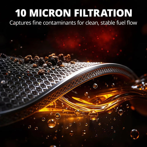 Close-up of 10 micron filtration capturing contaminants for clean fuel in inline fuel filter 10 micron with 6AN 8AN 10AN adapters