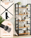 Five Tier Tall Bookshelf Corner Organizer In Brown That Keeps Your Garage Kit CDs Movies And More Neatly Stacked Fits Home Office Living Room Kitchen Or Bedroom Space Saving And Super Easy To Put Together with adjustable feet and reinforced structure