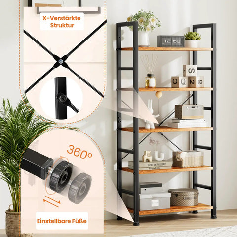 Five Tier Tall Bookshelf Corner Organizer In Brown That Keeps Your Garage Kit CDs Movies And More Neatly Stacked Fits Home Office Living Room Kitchen Or Bedroom Space Saving And Super Easy To Put Together with adjustable feet and reinforced structure