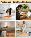 Portable Indoor Space Heater With Remote And LED Display, 1500W used in various home settings, vertical and horizontal positions.