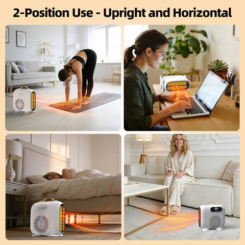 Portable Indoor Space Heater With Remote And LED Display, 1500W used in various home settings, vertical and horizontal positions.