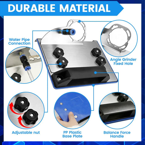 Durable material details of 45 Degree Tile Chamfering Tool Kit For Angle Grinders With 5 Saw Blades 39 Inch Hose Gloves Screwdriver Washers Adapters And A Real Workhorse Tile Edging Cutter Set, showing adjustable nut and PP plastic base plate.