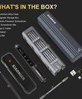 Compact 76 In 1 USB Charged Electric Screwdriver Kit components including aluminium case, precision bits, and USB-C cable