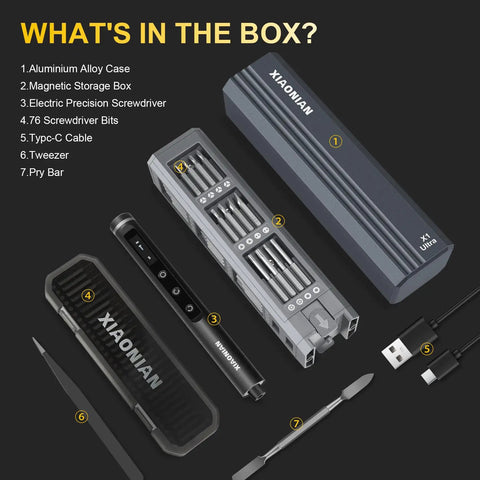 Compact 76 In 1 USB Charged Electric Screwdriver Kit components including aluminium case, precision bits, and USB-C cable