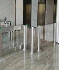 Top Shelf Metal Security Gate Featuring Heavy Duty Clear Acrylic Barriers For Warehouses Offices And Retail Spaces Built Tough With No Sweat Daily Operations, polished steel frame with transparent barriers.
