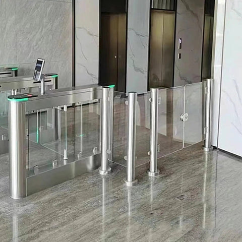 Top Shelf Metal Security Gate Featuring Heavy Duty Clear Acrylic Barriers For Warehouses Offices And Retail Spaces Built Tough With No Sweat Daily Operations, polished steel frame with transparent barriers.