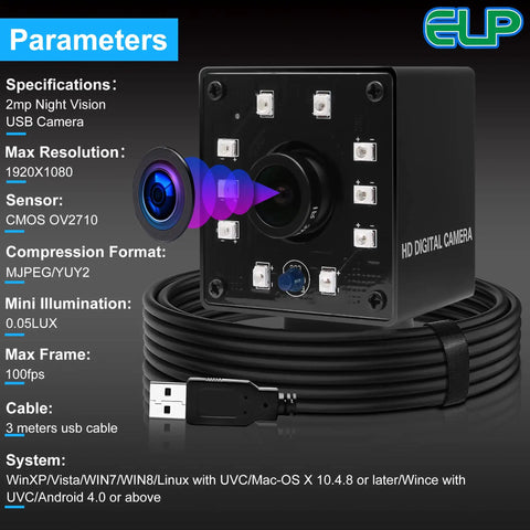 2MP Night Vision USB Webcam 1080P Full HD Video With IR Cut And 10 LED Light Board, coiled USB cable visible