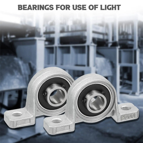 4 Pack 10mm Pillow Block Bearings With 0.39 Inch Bore Self Aligning Mounted Block Bearing Set Screw Lock For Secure Shaft Attachment Easy Install Heavy Duty Durable Machine Support KP000 against industrial background