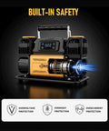 Heavy Duty 12V Air Compressor For 4X4 Trucks Portable Dual Cylinder Tire Inflator with safety features and digital display.