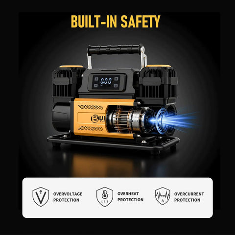 Heavy Duty 12V Air Compressor For 4X4 Trucks Portable Dual Cylinder Tire Inflator with safety features and digital display.