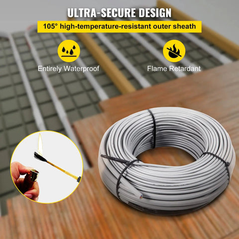 Underfloor Heating Cable Kit For Tile Floors 1630W 240V shown with high-temperature-resistant outer sheath and coil design