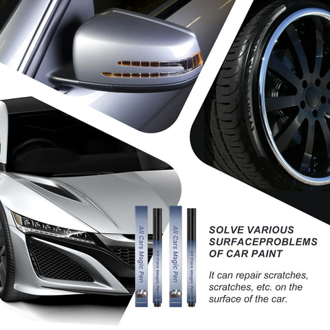 Scratch Removal Pen 2 Pack, Quick Fix For Scratches And Paint Damage, displayed with silver car and tire detail.