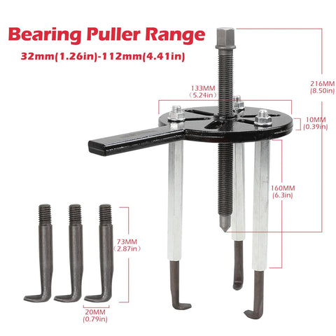 Bearing Puller Kit With Inner Hole Three-Jaw Puller Curved Hook And Quick Change Collets for 6005 to 6310 Bearings with dimensions