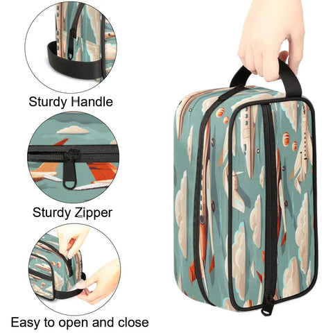 Air Travel Ready Cosmetic Bag For Women, Waterproof Makeup Organizer Pouch with airplane print, sturdy handle and zipper