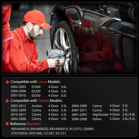 Set Of Two Rear ABS Wheel Speed Sensors For Toyota Camry Highlander Avalon Solara And Lexus ES being installed by mechanic with tool.