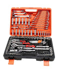 Top Shelf 172 Piece Ratchet Socket Set Chrome Vanadium Steel Mechanic Hand Tool Kit With Secure Plastic Storage Case open and organized.