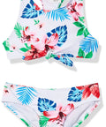 Girls UPF 50 Plus Racer Bikini Set Addie Two Piece Swimsuit in Peggy White with floral print, front view of top and bottoms.