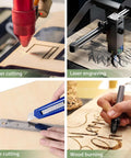 Basswood craft sheets, unfinished 12x12x1/8 in; collage shows laser cutting, engraving, knife cutting, wood burning.